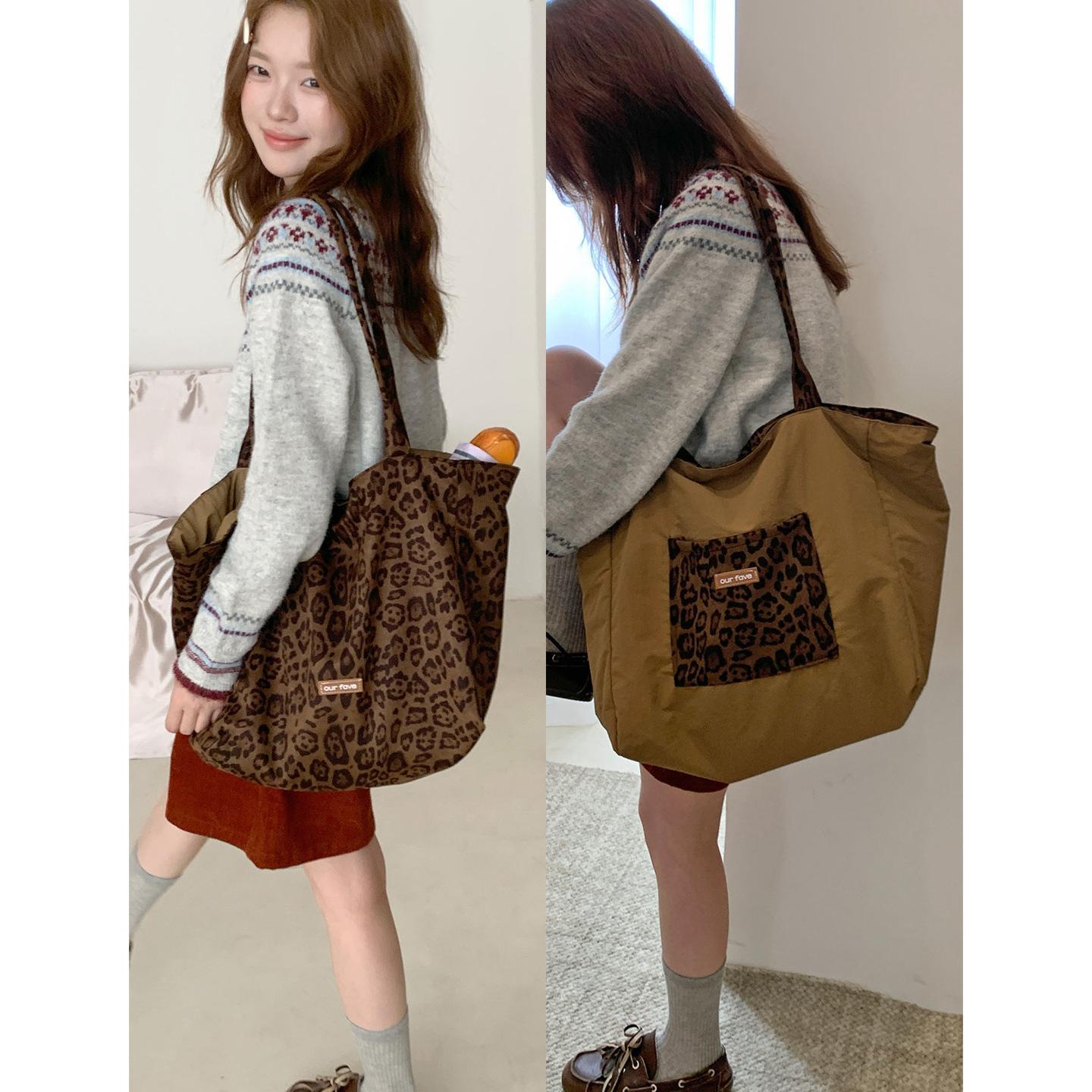Retro Leopard Print Suede Double-Sided Bag Niche High-End Versatile Tote Bag Large Capacity Commuter Shoulder Bag K-Style
