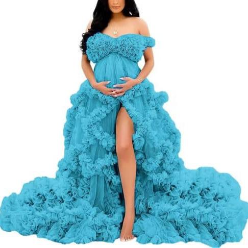 Cross-Border Supply One-Shoulder Ruffled Maternity Photo Shoot Dress with Mesh Puffy Train for Pregnant Women Photography Dress