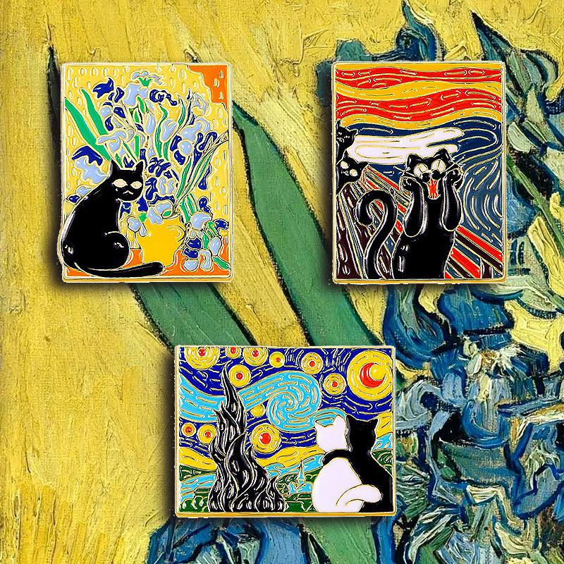 Van Gogh Painting Badge Funny Cat Brooch Backpack Decorations Accessories Metal Pin Buckle Couple Birthday Gift