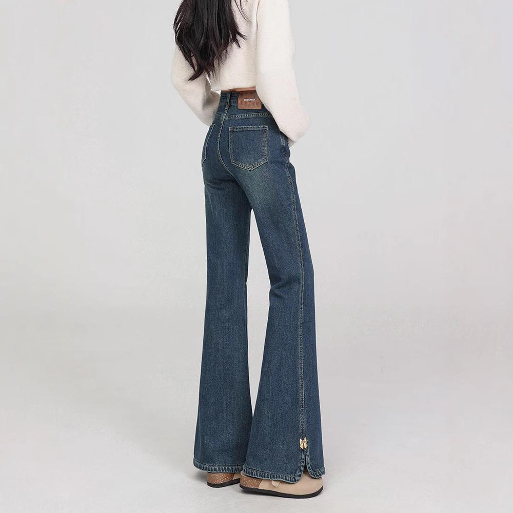 Spring New Blue Split High Waist Jeans Women's Korean-style Slim Look All-match Micro-horn Horseshoe Trousers