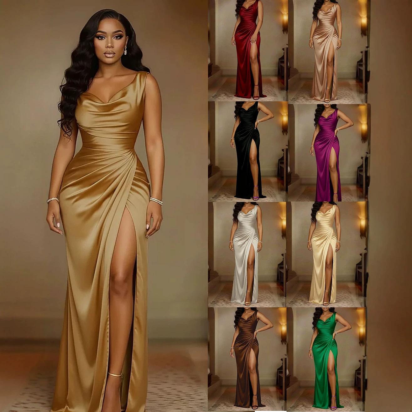 Summer New Amazon Cross-Border Foreign Trade Banquet Dress Sleeveless Hem Slit Solid Color Slim Fit Dress for Women