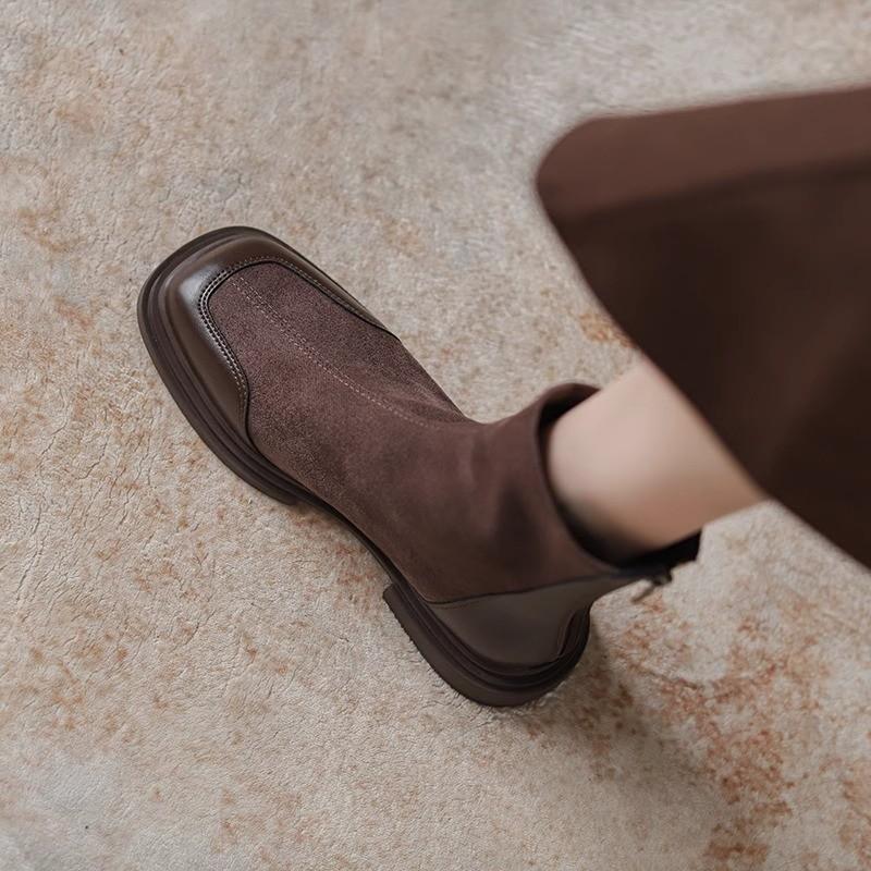 Soft leather version~Chunky heel brown slim boots for women, 2026 new autumn Martin boots, British style Chelsea short boots for women