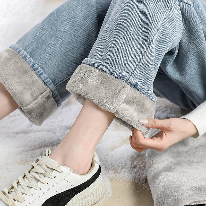 Fleece-Lined Thickened Jeans for Girls, Autumn and Winter 2026 New Style, Straight Loose Wide-Leg Pants for Middle and High School Students