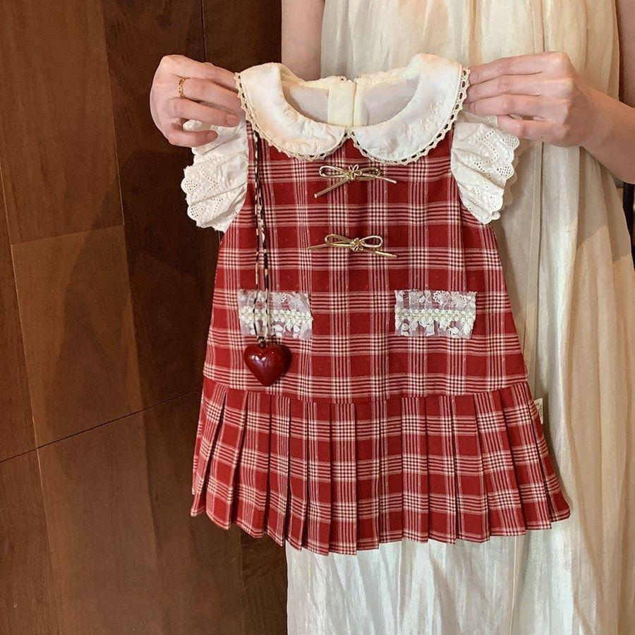 Girls' Preppy Style Dress 2026 Summer Model, Toddler Red Plaid Lace Tank Dress, Stylish Dress for Baby Girls