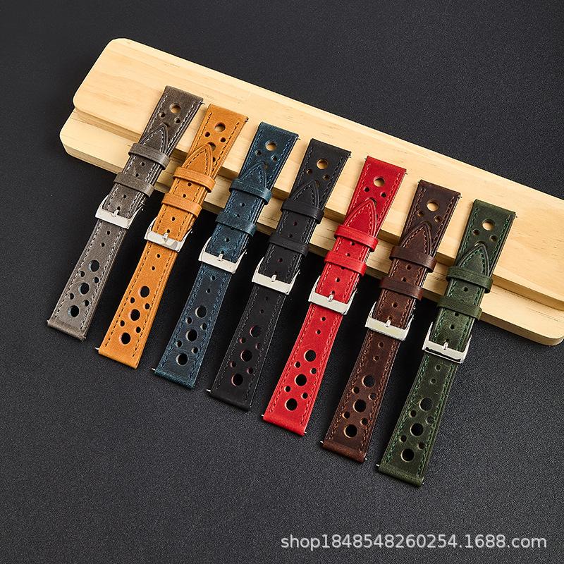 High-end top-layer crazy horse leather watch strap suitable for 19MM and 21MM, unisex, multi-hole breathable leather strap wholesale