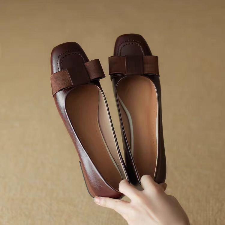 French Style Small Fragrance Color Matching High Heels for Women 2024 Spring & Fall New Leather Thick Heel Bow Retro Medium Heel Shoes