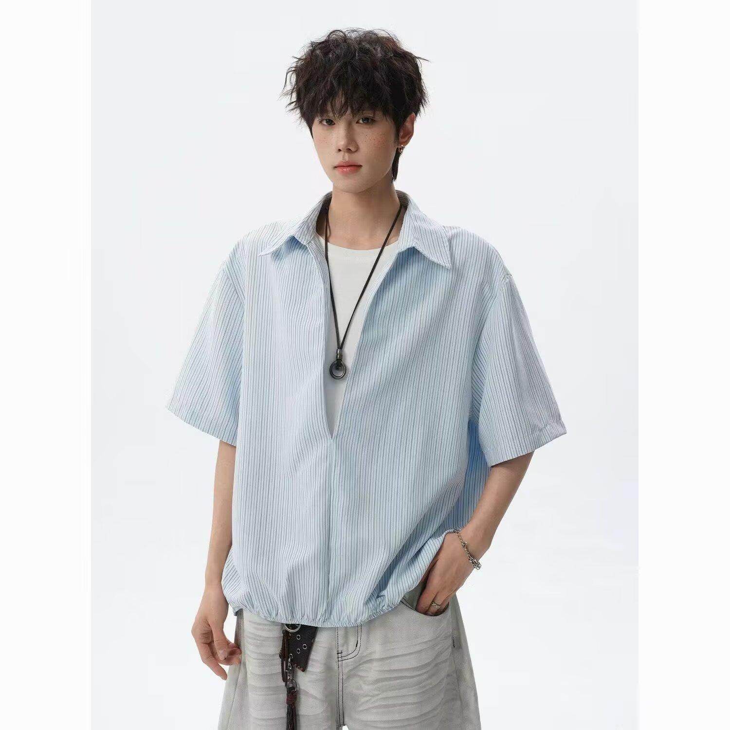 Old Money Style Urban Relaxed Half-Button Shirt for Men, Summer Japanese Trendy Brand Elastic Hem Short-Sleeve Casual Shirt