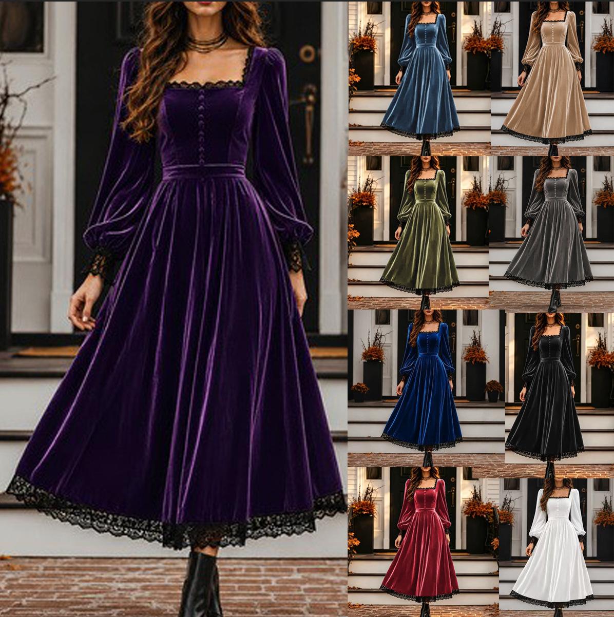 2026 European and American Women's Fashion Square-Neck Velvet Dress with Lace Trim at the Hem and Sleeves, New Autumn and Winter Evening Dress for Cross-Border Sales