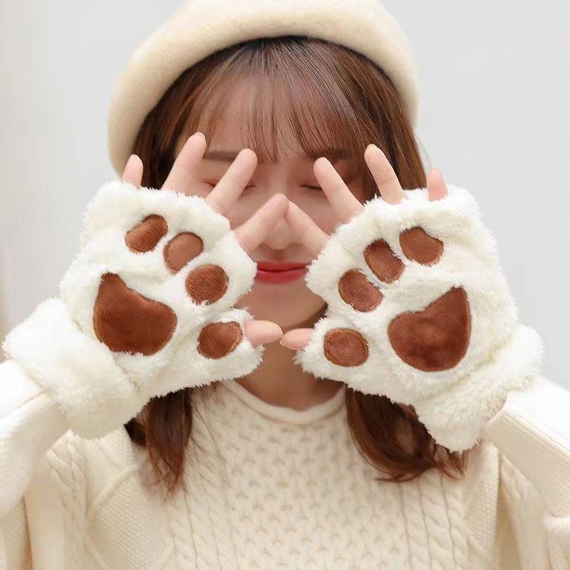Autumn and Winter Cute Cat Paw Half-Finger Plush Gloves for Students, Fleece-Lined Fingerless Warm Bear Paw Gloves for Writing, Cross-Border
