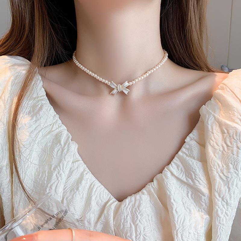 Pearl Necklace Women's Baroque South Korea Elegant Short Collarbone Chain Bow Necklace Internet Popular French Style Retro Bride