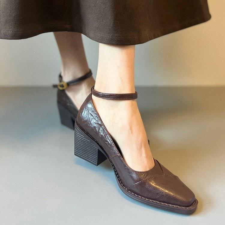 Top-layer cowhide ~ Commuting Mary Jane shoes with a single strap, silent heel, soft leather chunky heel, vintage high-heeled shoes for women