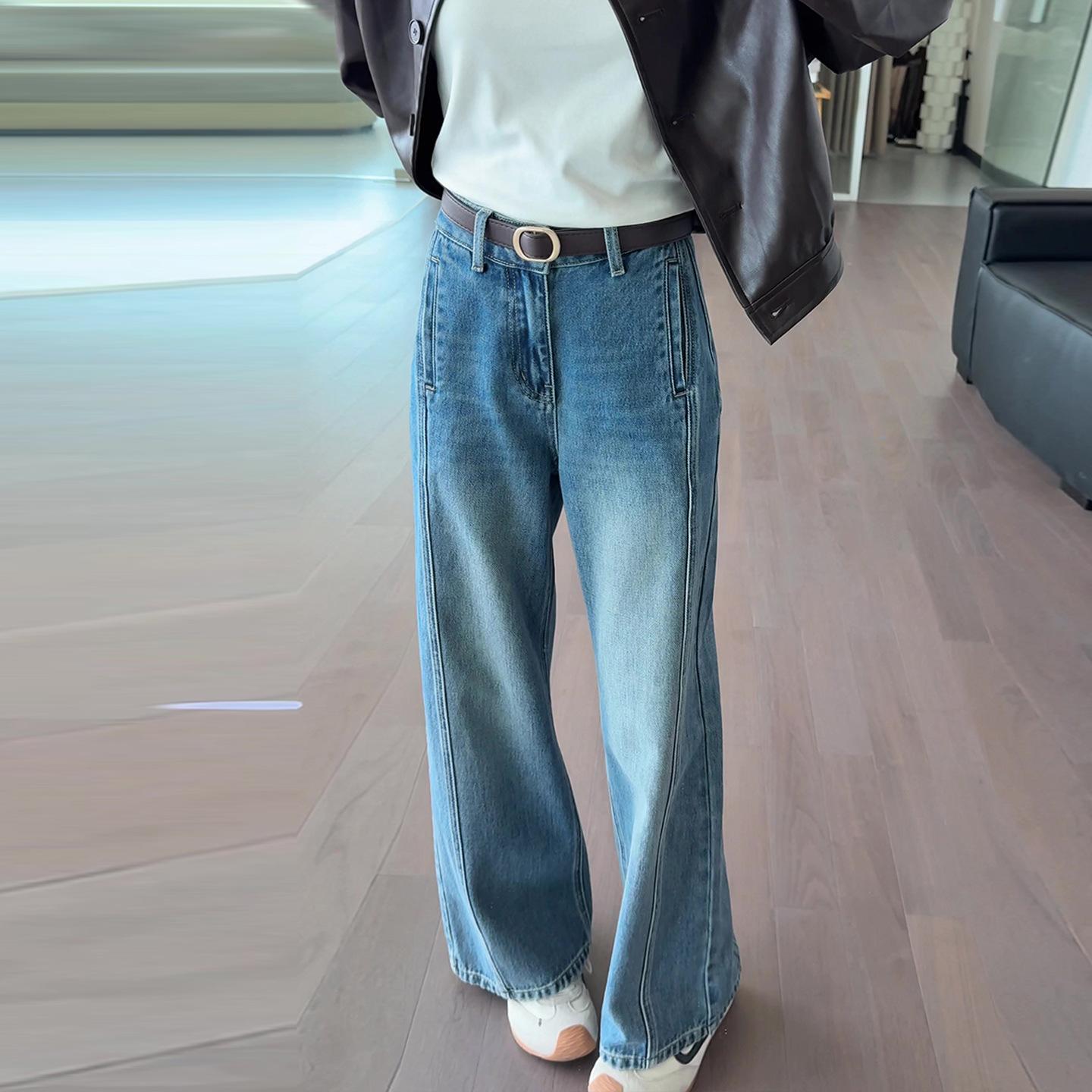 Retro Blue Wide-Leg Jeans for Women 2025 Autum New High-Waist Slim Loose Versatile Straight Scimitar Pants