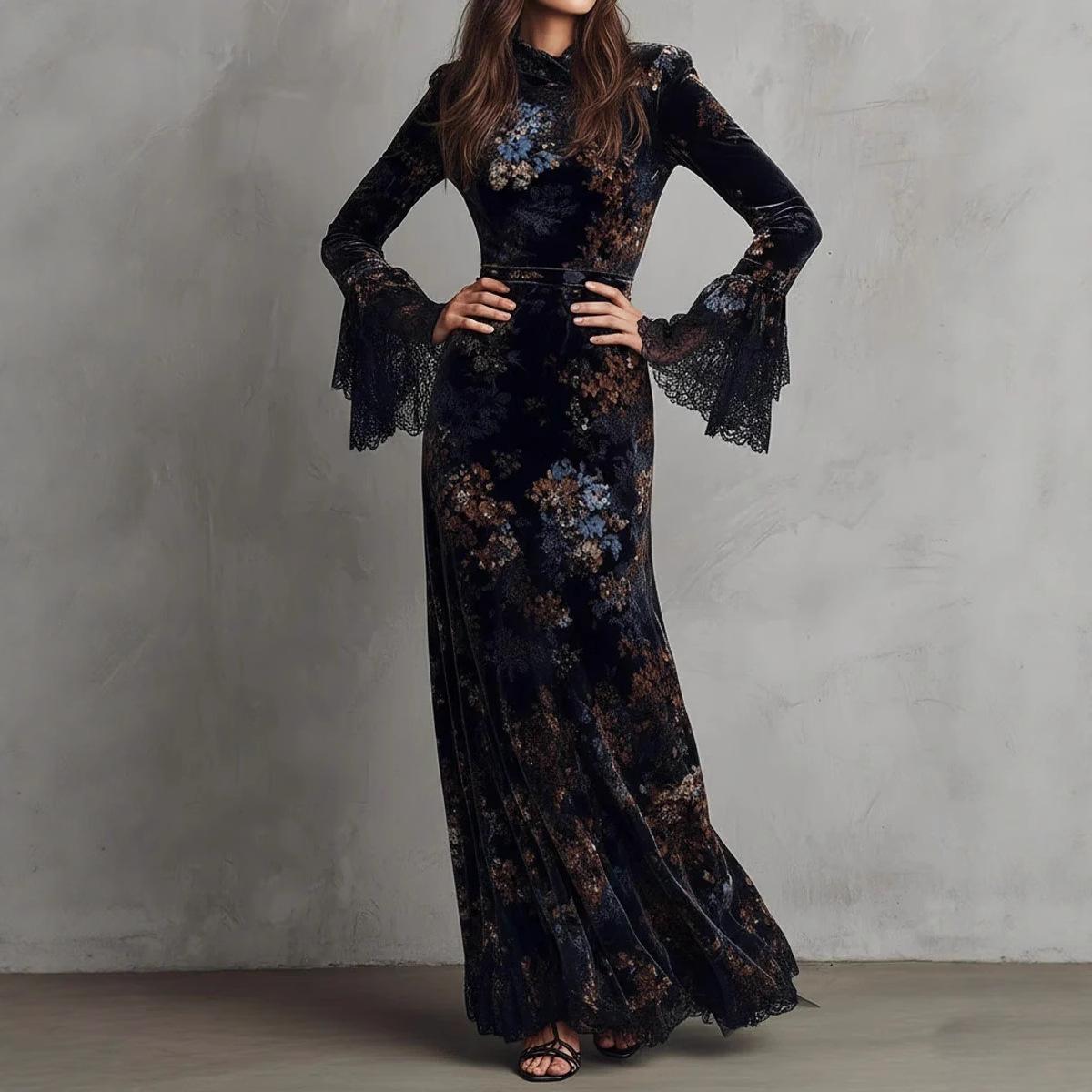 2025 Blue Retro Print Elegant Slim Slim Velvet Cheongsam Dress European and American Style Autumn and Winter Long Sleeves