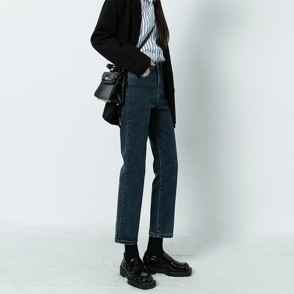 Blue-Gray Straight High-Waisted Jeans for Women, Autumn/Winter 2026 New Style, Fleece-Lined, Popular Slim-Fit Cigarette Pants for Petite Figures
