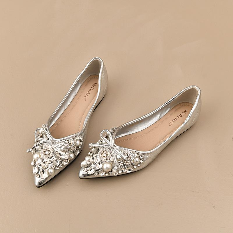 2026 Summer New Rhinestone Pointed Toe Women's Shoes with Bowknot, Soft Sole, Comfortable, Height-Increasing Flat Shoes for Women