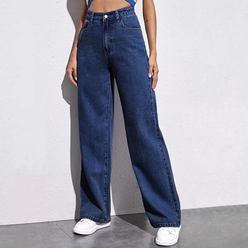 Amazon's popular European and American plus-size denim pants for women, high-waisted, slim-fit, loose, slimming, straight-leg, wide-leg trousers
