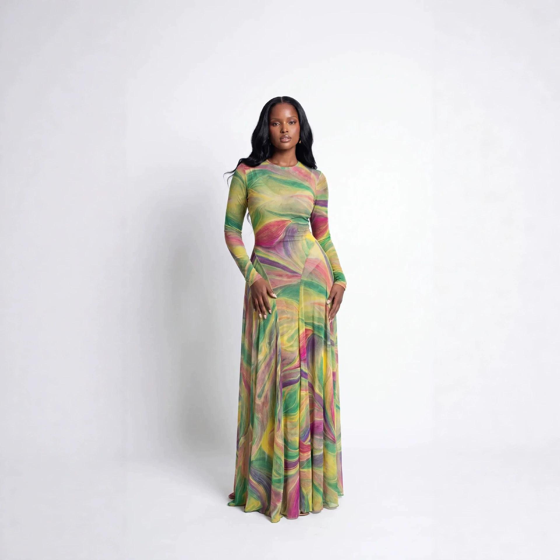 European and American Cross-Border Women's Clothing 2026 Spring New Style Elegant Round Neck Printed Slim-Fit Evening Dress Long-Sleeved Dress