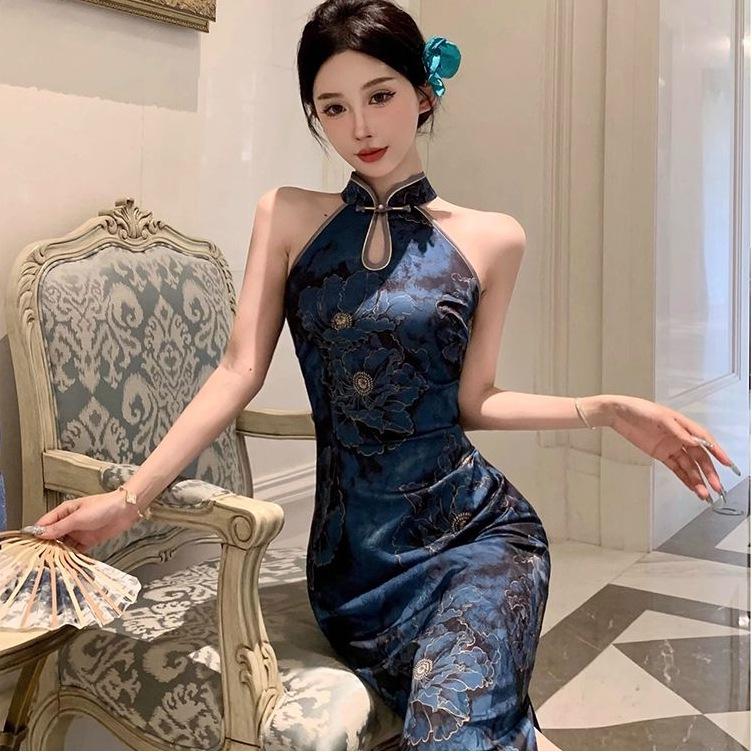 New Chinese Style Socialite Elegant Vintage Printed Split Modified Cheongsam dress Split Sleeveless Buckle dress Women