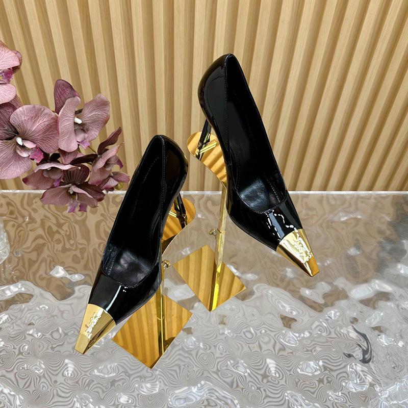 Ys Metal Square Toe Stiletto High Heels Women's Shoes 2024 Autumn/Winter Closed-Toe Sandals Black Single Shoes Color Block Design Glossy Surface