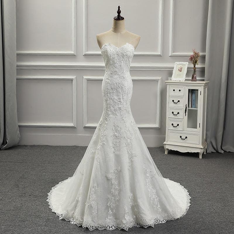 European and American Wedding Dresses 2026 New Style Strapless Slimming Mermaid Train Sweet Lace French Bride Light Wedding Dress for Women
