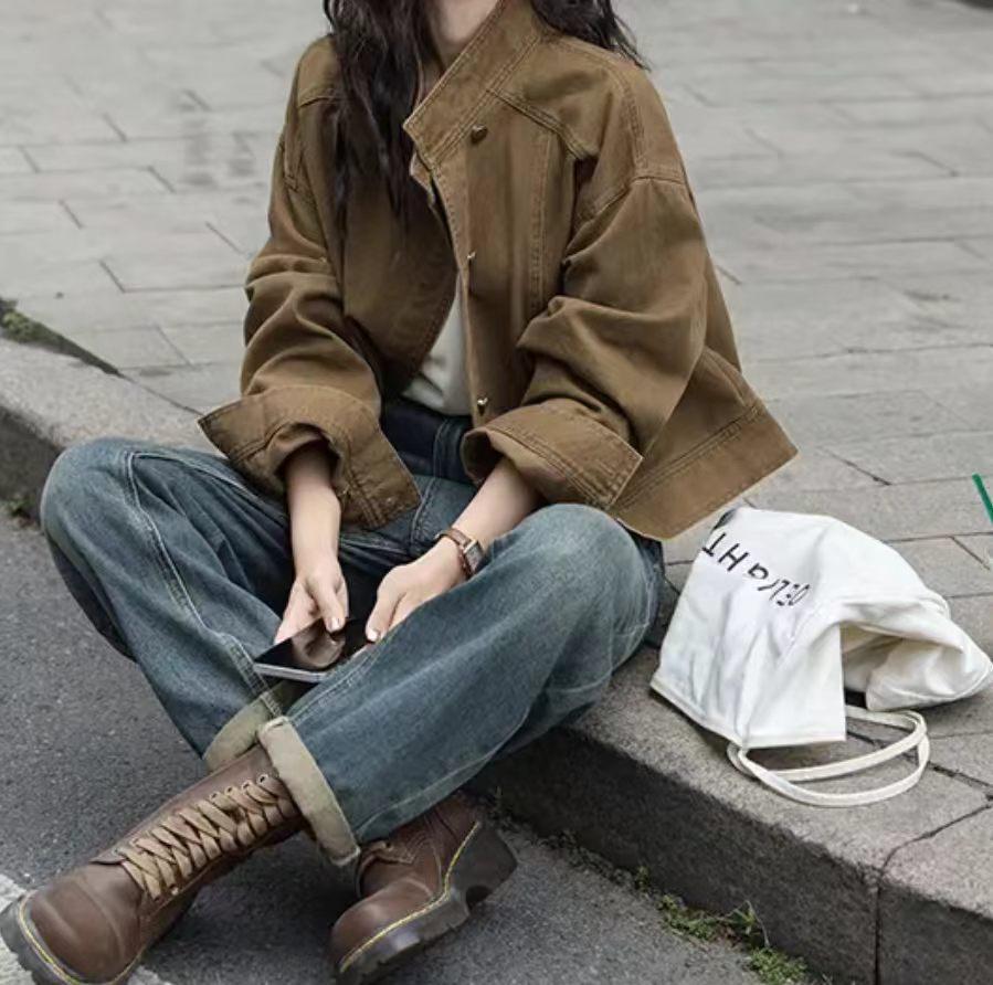 New autumn vintage coffee-colored denim short jacket for women, stand-up collar work jacket, women's top, cross-border dropshipping