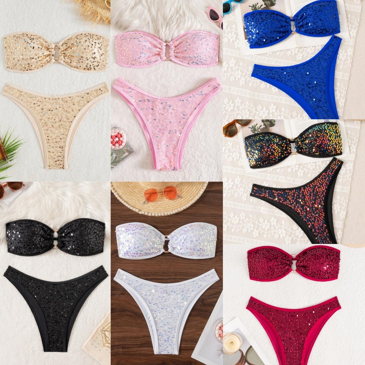 Cross-Border European and American Fashion Two-Piece Swimsuit with Sequins, Solid Color, Sexy Swimsuit Set, Strapless Tie-Up Bikini Set