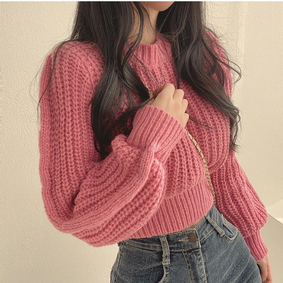 Korean version 2026 new style age-reducing pink puff sleeve soft sweater for women, autumn and winter fashion, mature lady style, loose pullover