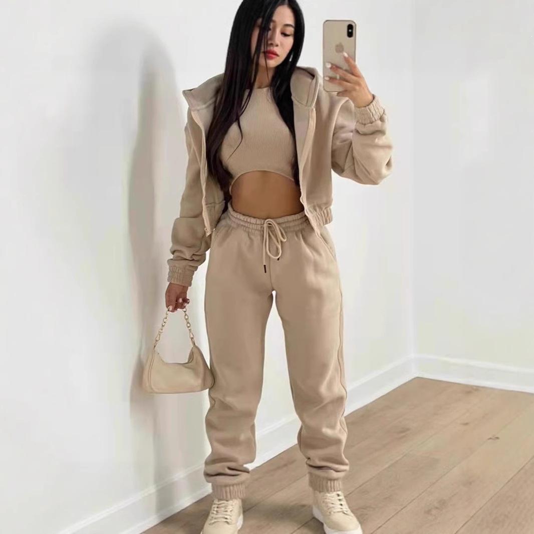 Amazon European and American Women's Clothing Three-Piece Set with Long Pants, Fleece-Lined Hooded Sweatshirt, Sporty Fashion Casual Winter Outfit Complete Set