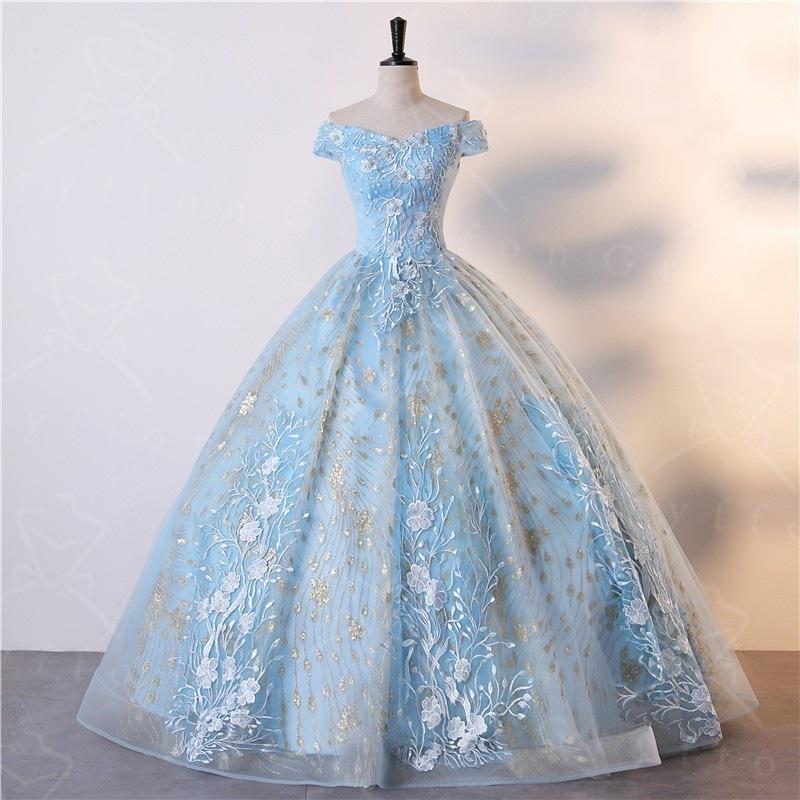 Foreign trade evening dress, coming-of-age ceremony princess dress, lace ball gown, blue shiny sequin ball dress