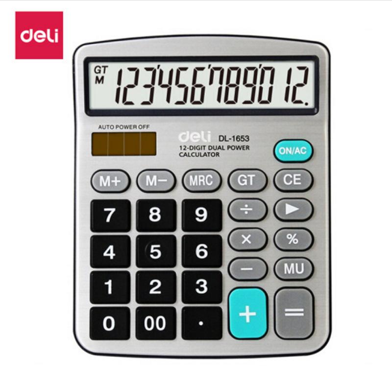 Deli 1653 Desktop Calculator 12-Digit Solar Dual Power Calculator for Financial and Office Use