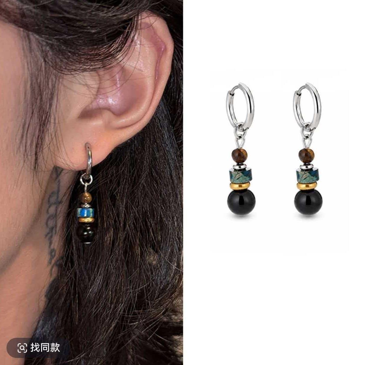 Titanium steel earrings, dark-colored Chinese-style earrings, cool and elegant round bead long drop earrings, unisex versatile Xizang-style stud earrings for men