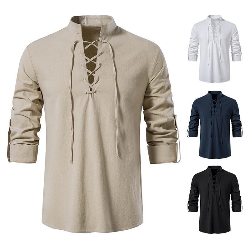2025 Spring/Summer New Cross-Border Amazon Men's Cotton-Linen Henley Shirt, European Size, Long-Sleeve Casual Stand Collar Shirt