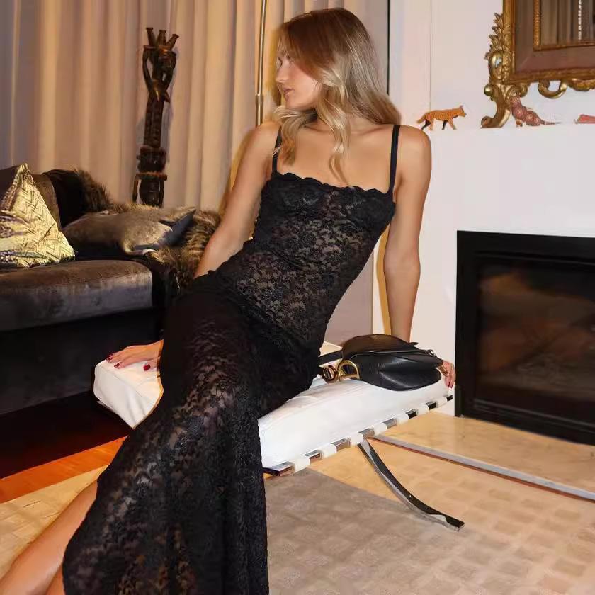 2026 European and American Summer New Cross-Border Women's Fashion Off-Shoulder Sexy See-Through Lace Slim-Fit Dress