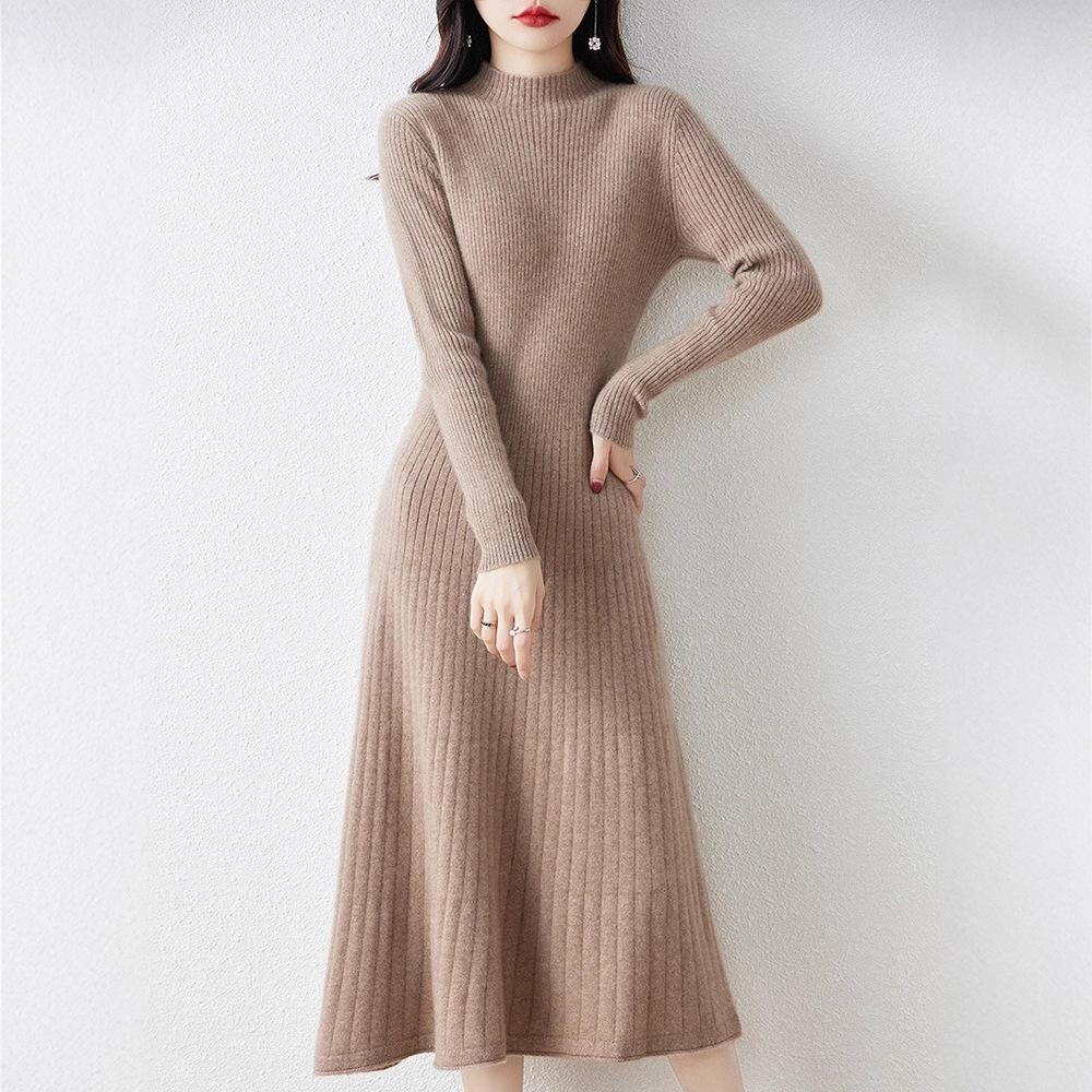 Autumn and Winter New Women's Slim-Fitting Mid-Length Versatile Bottoming Sweater Long Skirt Half Turtleneck Knitted Dress