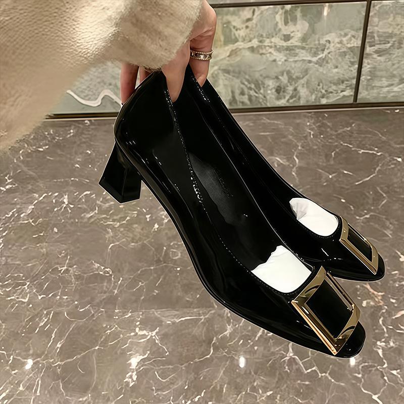 Square Buckle Single Shoes for Women, Mid-Heel, 2025 Spring/Summer, French Retro Style, Shallow Square Toe, Gray Commuter High Heels, Bridesmaid Slip-On Shoes
