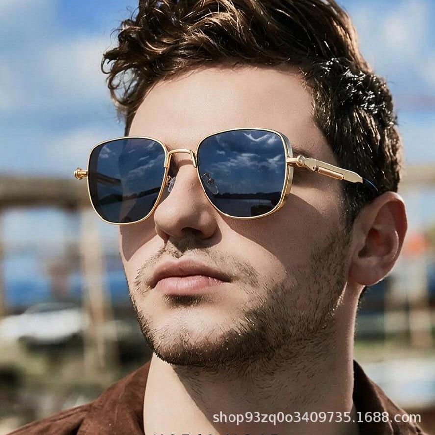 Men's Sunglasses for Driving, Stylish Retro Trendy Metal Square Spring Leg Sunglasses, European and American Cross-Border Sunglasses