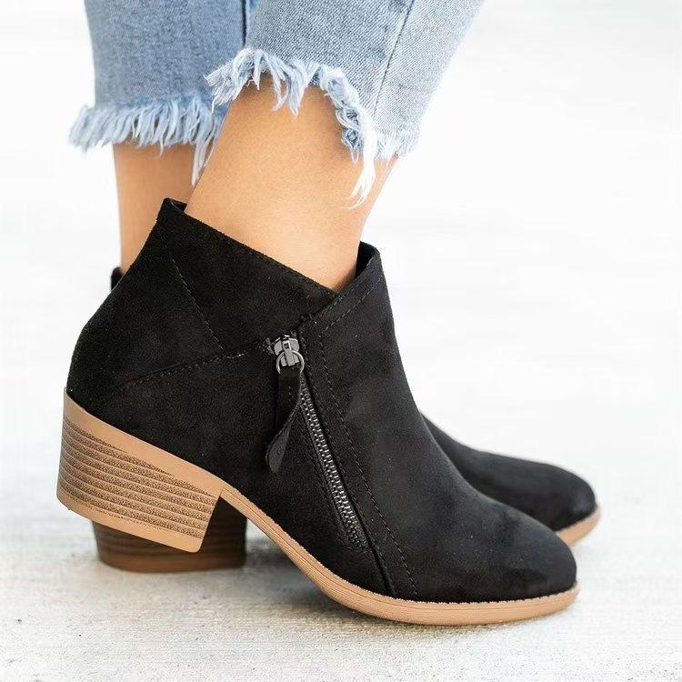 European and American Foreign Trade Large Size Short Boots with Side Zipper, Round Toe Fashion Boots for Women, Suede Chunky Heel Thin Style Martin Boots, Wish Source