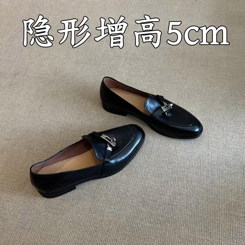 Women's Retro Horsebit Loafers with 5cm Hidden Heel, Fashionable Slip-On Shoes, British Style Leather Shoes