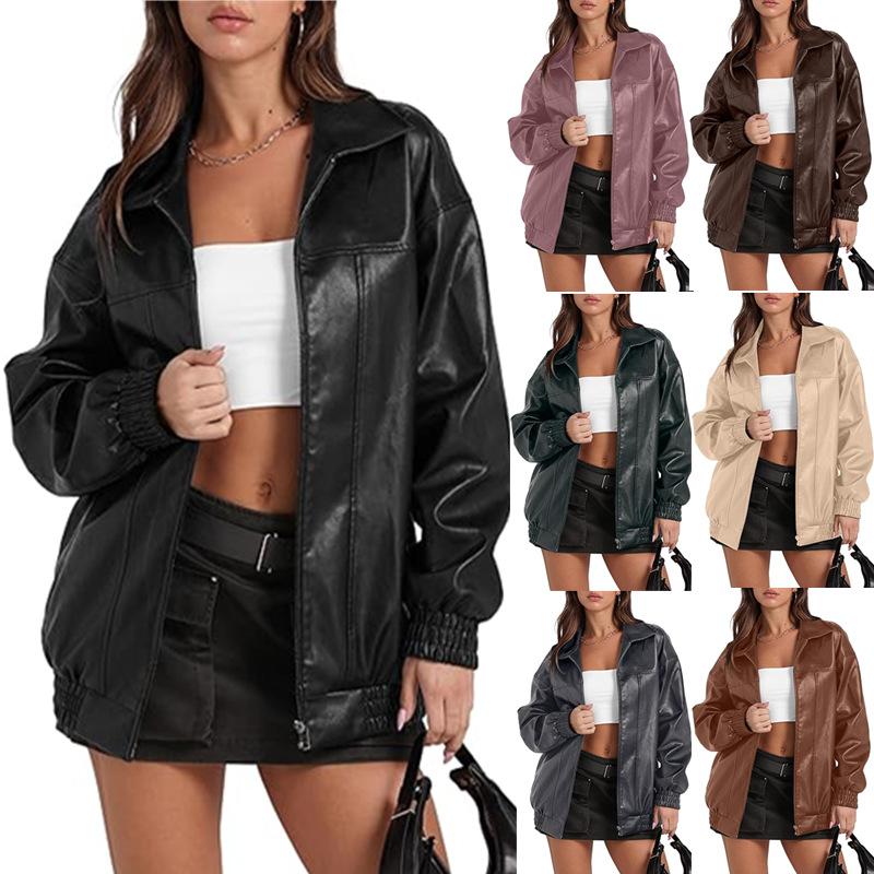 2025 Amazon Independent Station Popular Pu Leather Jacket Long Sleeve Lapel Zipper Side Pocket Casual Windbreaker Jacket for Women