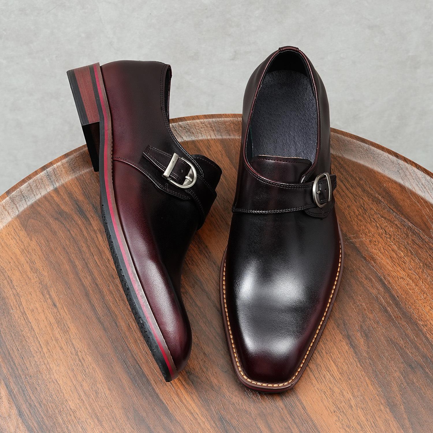Business Formal Leather Shoes for Men, Cowhide Genuine Leather Buckle Casual Soft Surface British Retro Color Polished Toe Groom's Shoes