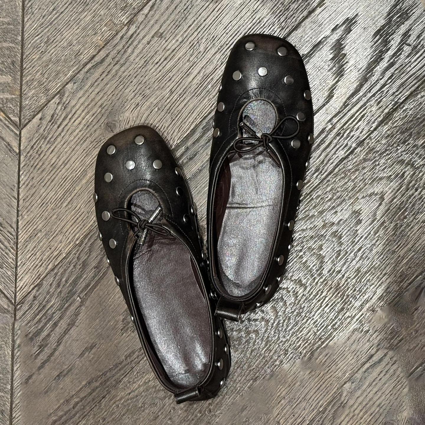 Retro new style round-toe distressed rivet flat Mary Jane shoes with bow, hollow design, breathable soft sole ballet shoes for women