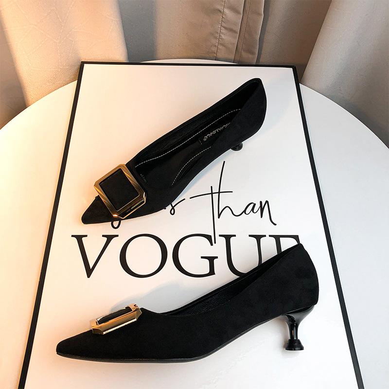 6311-32 Beautiful High Heels Summer Women's Stiletto Heel Temperament Socialite Black Professional Work Shoes Pointed Square Buckle