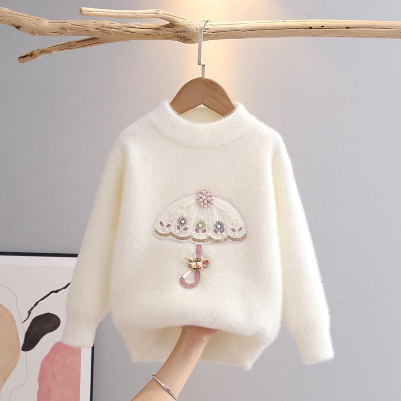 Children's Sweater Pullover Girls Imitation Mink Velvet Baby Top Outer Knitted Top Middle School Student Girl Kidsren's Clothing