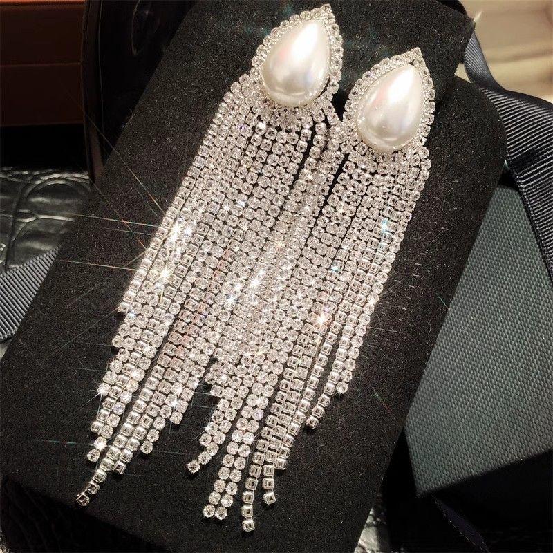 Super Shiny Luxury Long Tassel Pearl Earrings Full of Diamonds Bridal Wedding Dress Banquet Dress Earrings with a High-End Feel