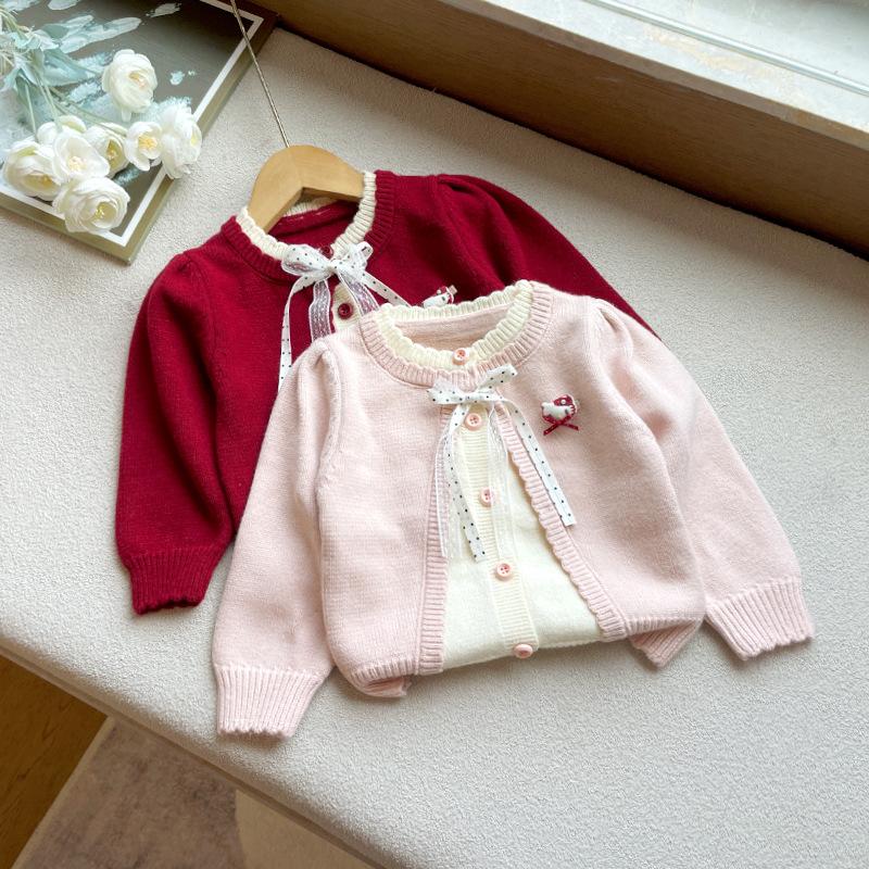 Children's clothing, kids' coat, sweater, cardigan, girls' knitwear, outerwear, new style woolen sweater for girls, baby girl's faux two-piece