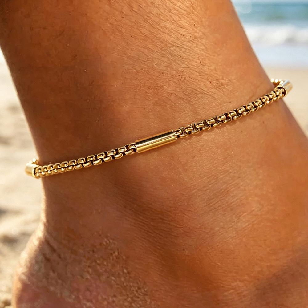 Trendy Cross-Border Bead-Shaped Cuban Chain Anklet, Simple Layered Chain Jewelry, Ankle Chain, Travel and Holiday Gift for Women