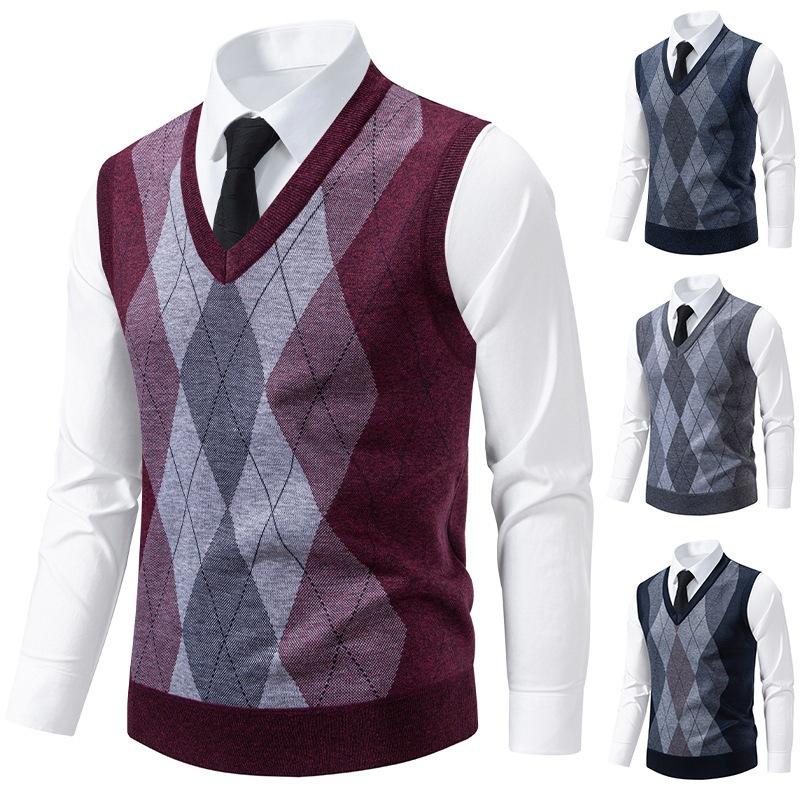 Cross-Border Autumn and Winter Foreign Trade Men's Slim Fit V-Neck Jacquard Pullover Knit Vest Large Size Casual Sweater Vest for Men