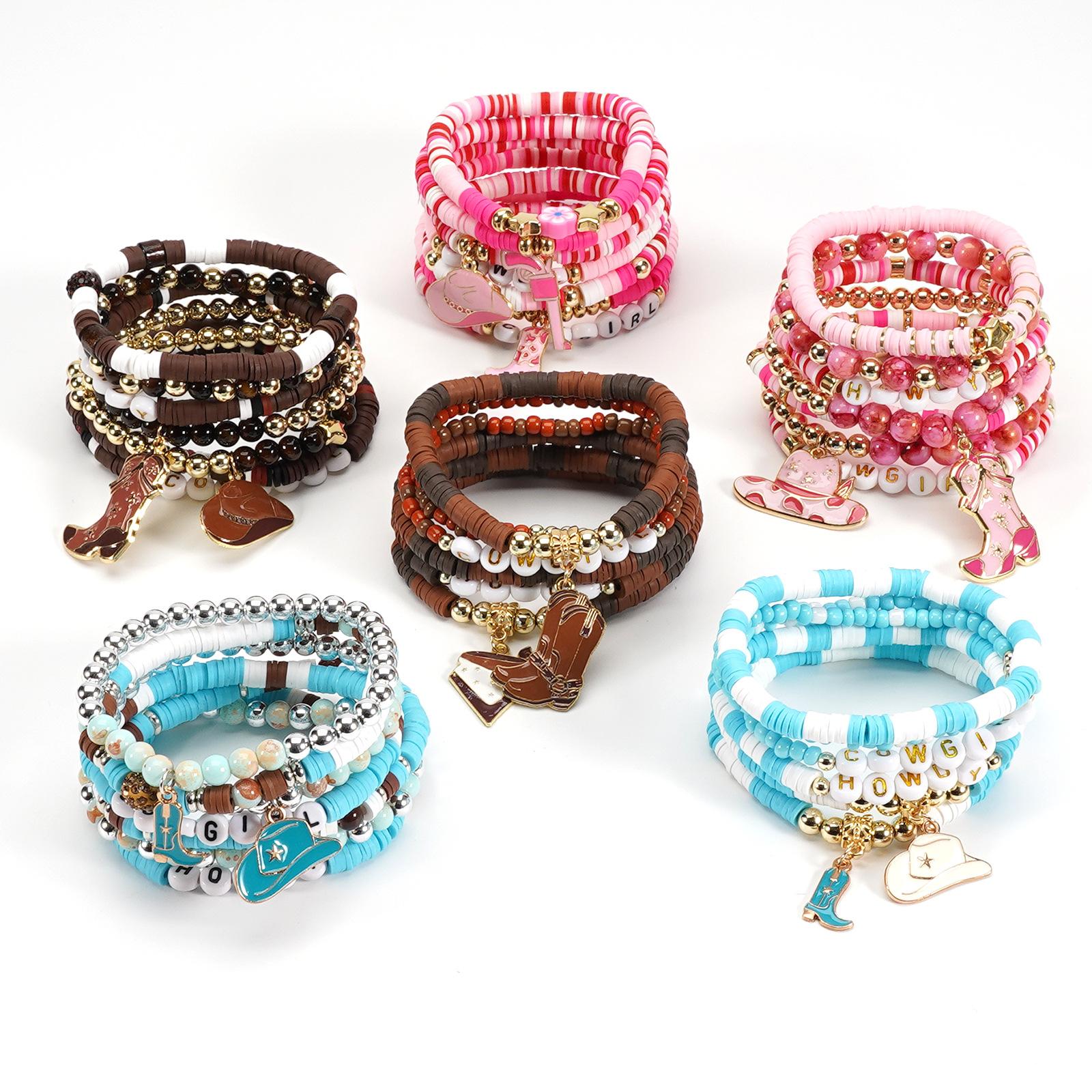 New Personalized Western Cowboy Style Fashion Jewelry Letter Beads Beaded Soft Clay Elastic Rope Stackable Bracelet for Women