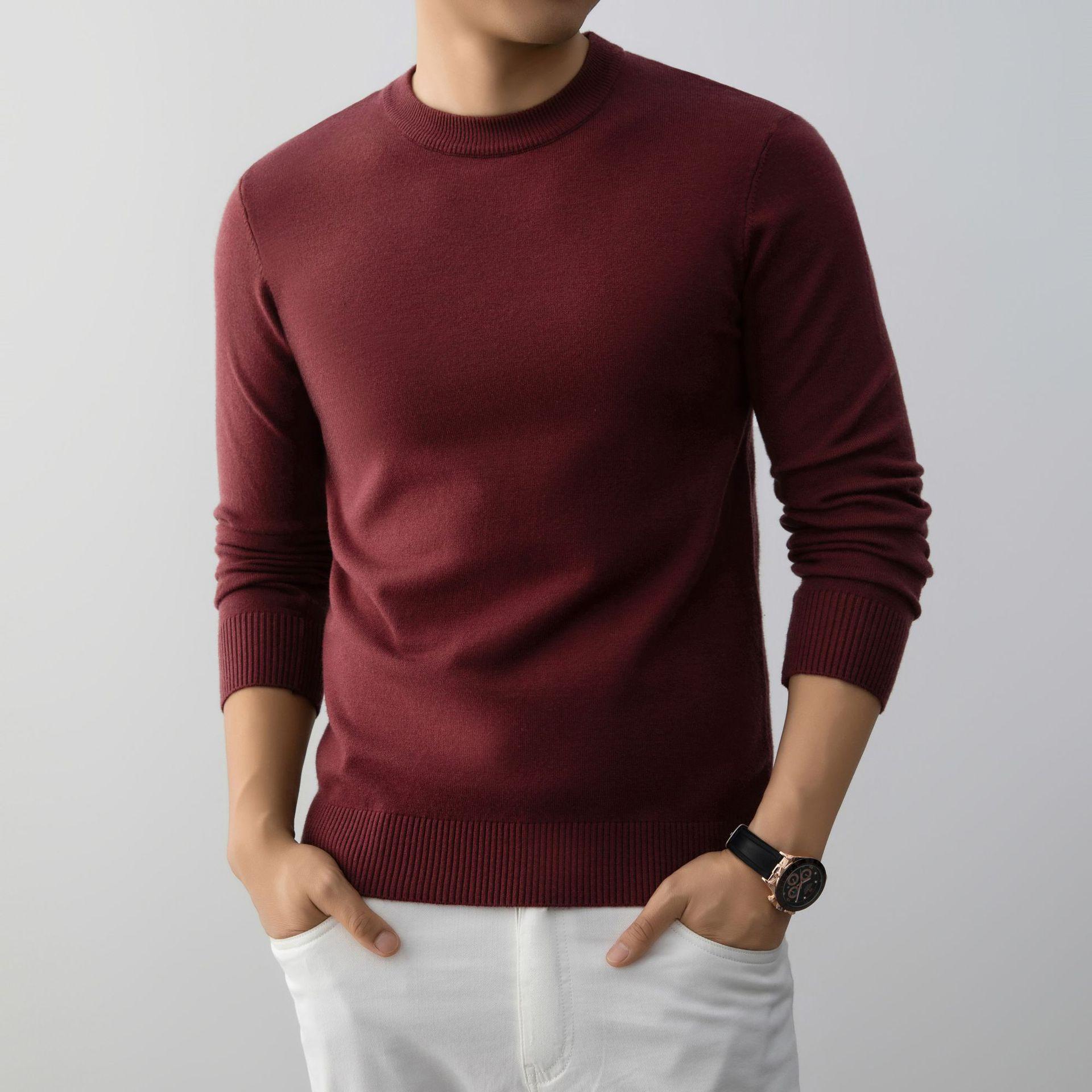 Factory Direct Sales Autumn and Winter New Pure Color Men's Round Neck Thin 12-Stitch Knitwear for Young and Middle-Aged People Long-Sleeved Knitwear