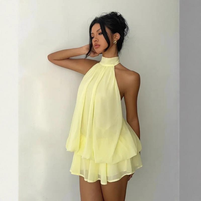 European and American cross-border women's vacation slim-fit sexy backless halter-neck tie-waist top with a flared short skirt dress